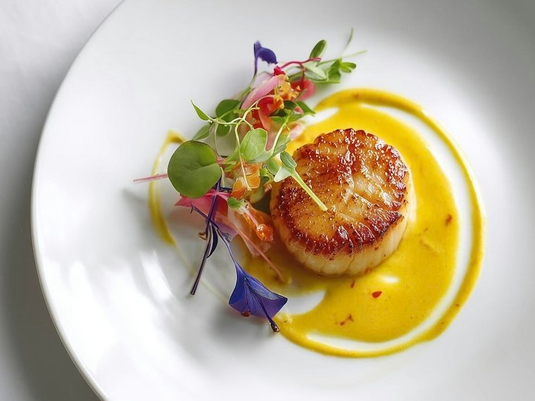 Baked scallop in saffron sauce finished with micro herbs